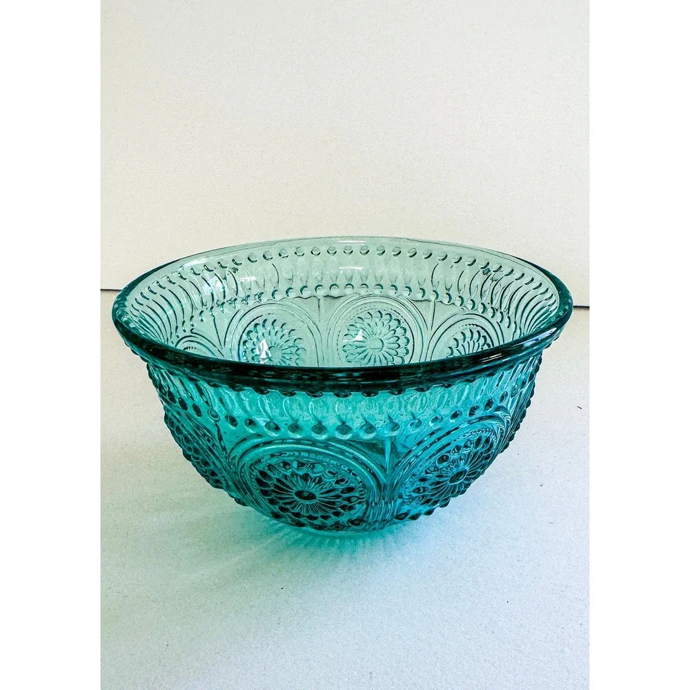The Pioneer Woman Adeline Teal Glass Bowl Embossed Floral 6 Inch Round